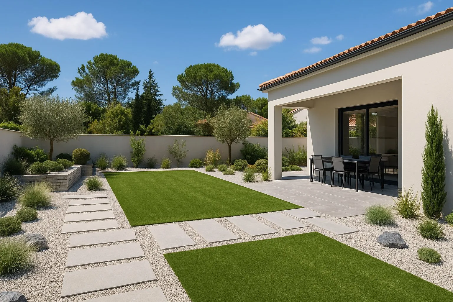Gazon synthétique et décoration minérale