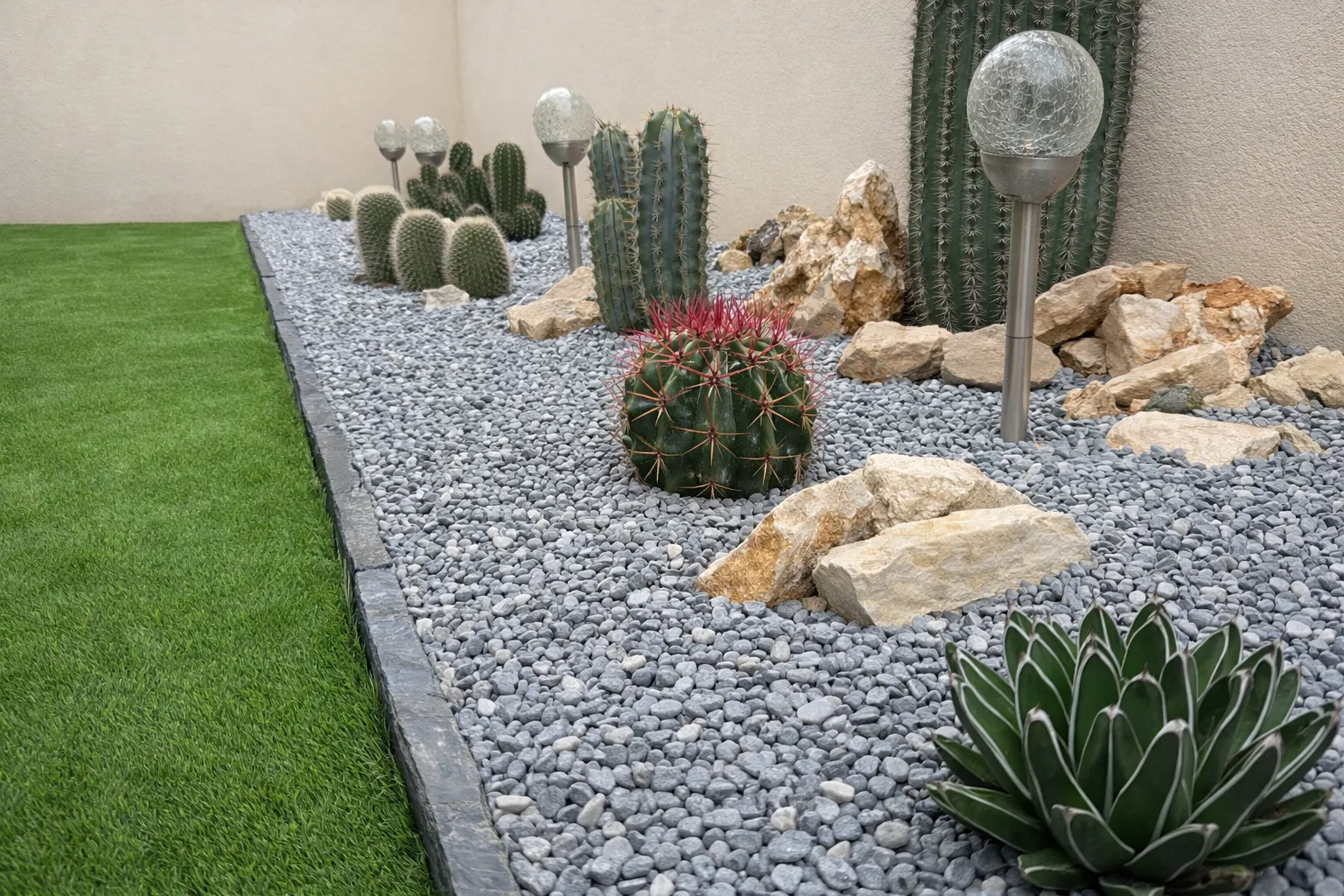 Jardin sec, cactus et agaves sur gravier, Carnon